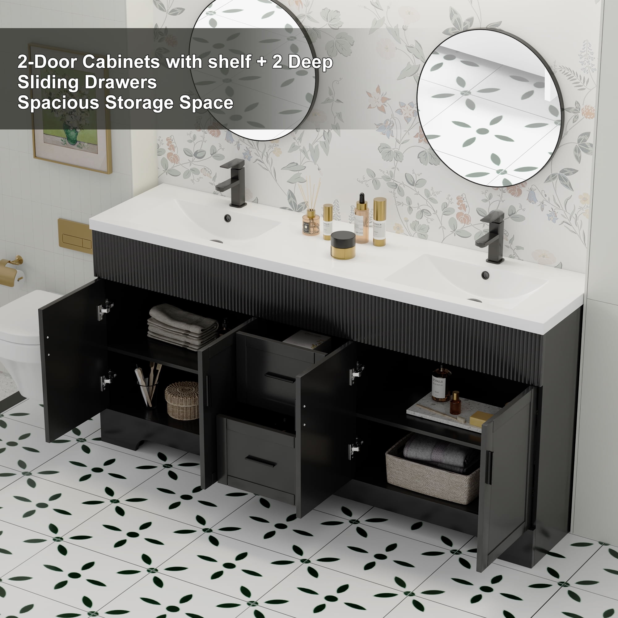 72" Freestanding Double Sink Bathroom Vanity Cabinet Base Only, Hand-Painted, Sink Not Included