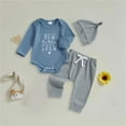 thumbnail image 2 of Curenmufel Baby Boy Outfits Fall Season Newborn Infant Baby Boy Clothes Fall Winter Outfit Long Sleeve Letter Romper + Elastic Waist Pants + Hat 3Pcs Set 0 3 6 9 12 18 24 Months (Blue,0-3 Months), 2 of 3