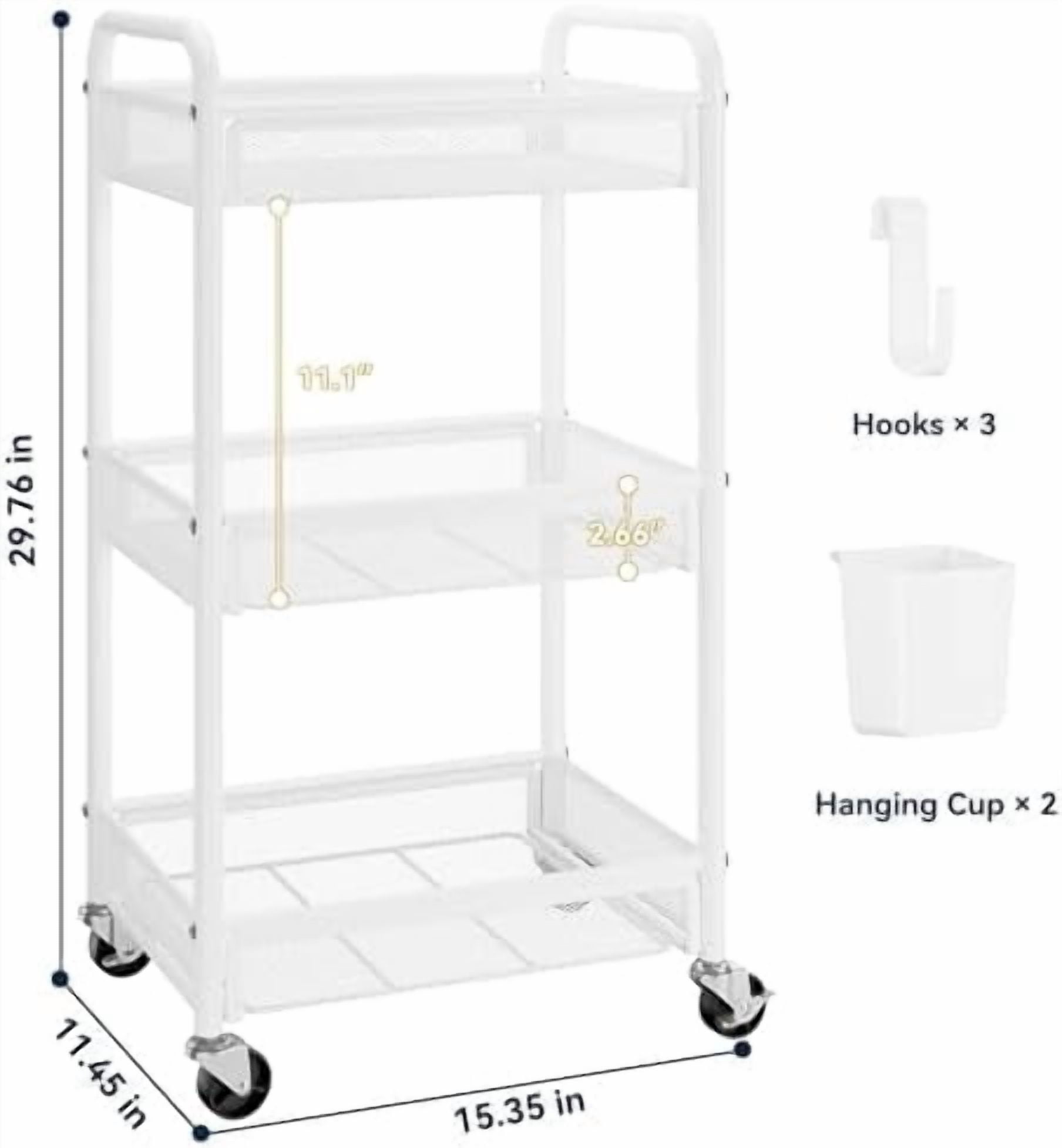 3 Tier Rolling Cart – Metal Utility Storage Carts with Wheels, Craft Carts Organizer with Hanging Cups, Hooks, Mesh Basket for Bedside Kitchen Office Art, White