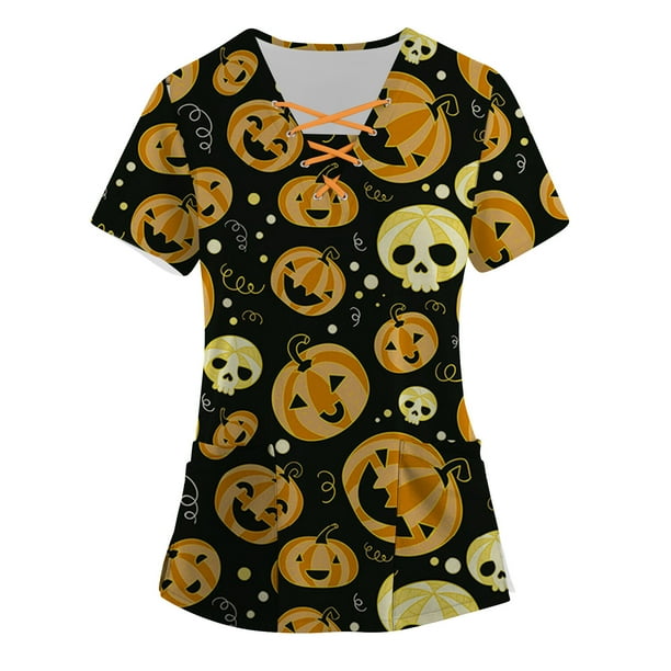 Tops Para Mujer, Blusa de Uniforme de Trabajo, Camisas de Moda de Manga Corta Con Cuello en V, Vendaje, Estampado de Festival Con Bolsillo Odeerbi ODB171967