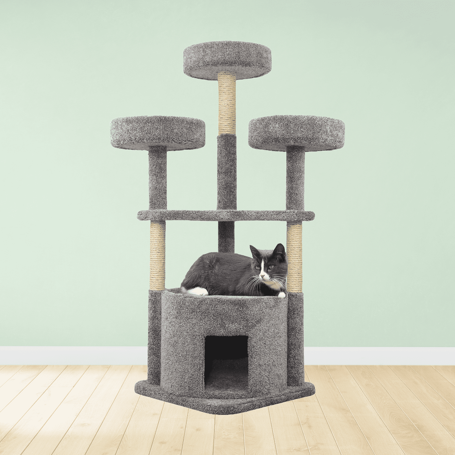 Kitty City 61-inch Multi-Level Upholstered Cat Tree with Scratching Posts, House & Perches