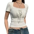 thumbnail image 4 of vera natura Women's Summer Slim Crop Tops White Short Sleeve Square Neck Lace Trim Skinny T-shirt, 4 of 8