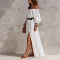 thumbnail image 2 of Morttic Women's Boho Solid Color Off Shoulder Maxi Dress with Side Slit – Puff Sleeve Casual Long Dress, No Belt Included White，S, 2 of 5