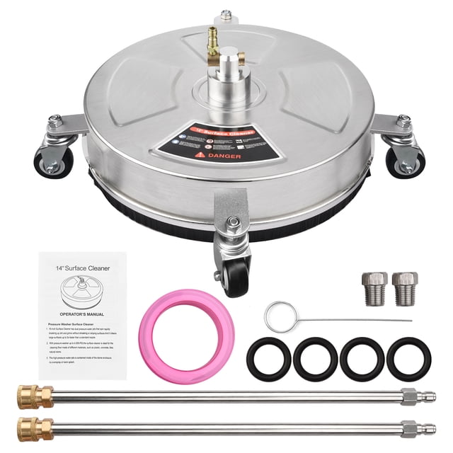 14 Inches Pressure Washer Surface Cleaner Stainless Steel Housing Power Washer Accessory with 4 Wheels 1/4 Inch Quick Connector 2 Extension Wand Attachments 4000 PSI for Cleaning Driveways S