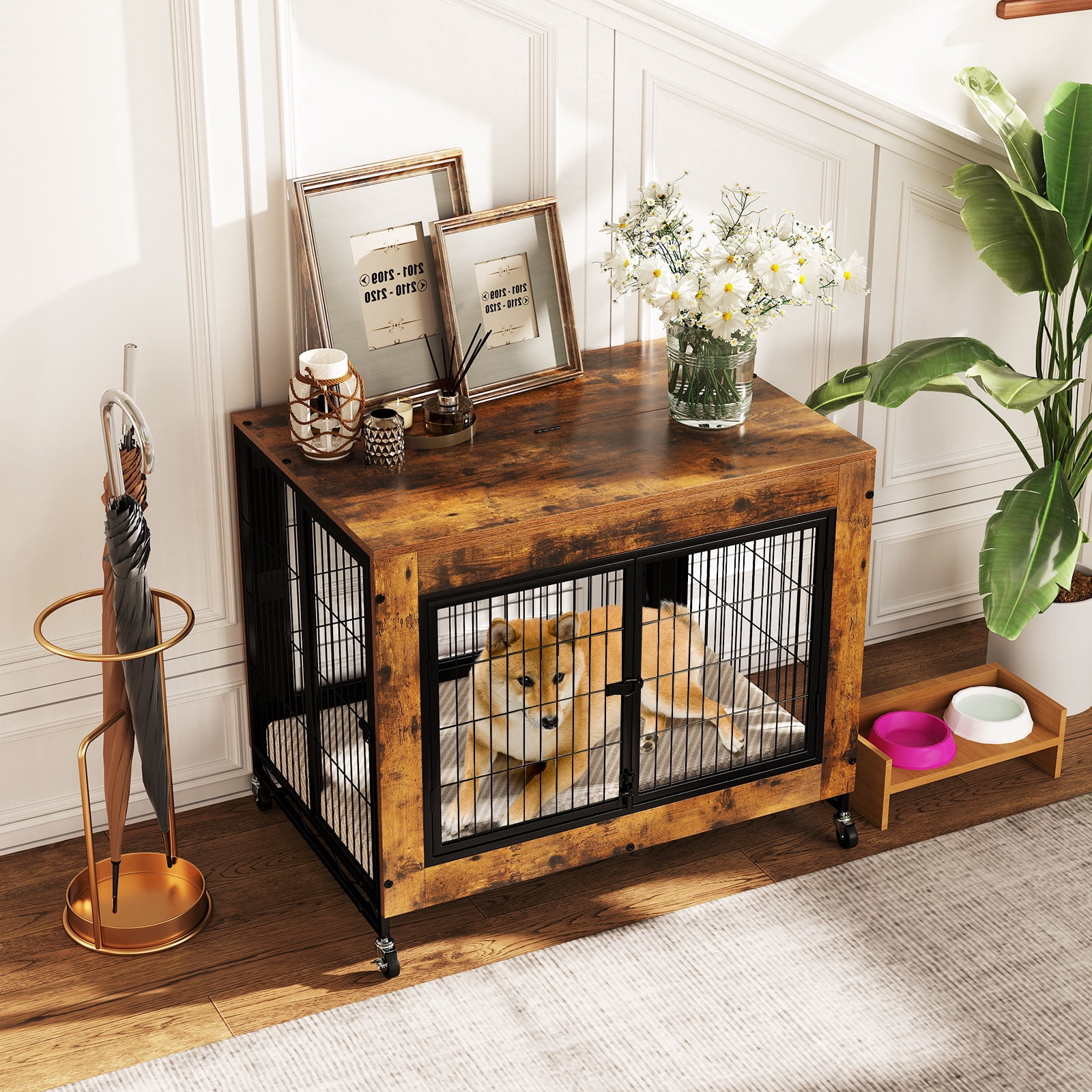 Gymax Dog Crate Furniture Industrial Dog Kennel w/ Flip-up Top Decorative Pet House Rustic Brown