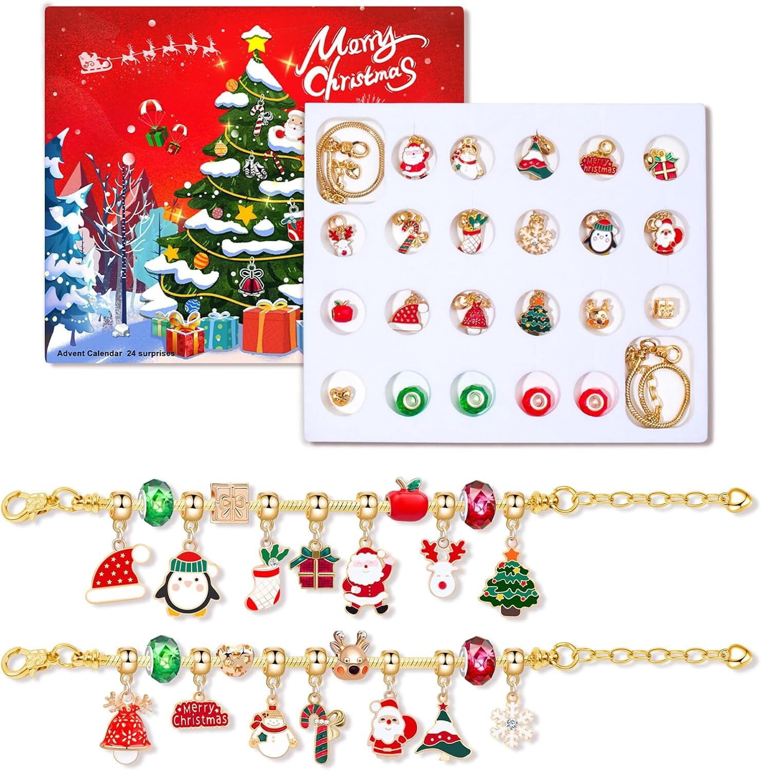 24 Days Christmas Advent Calendar Jewelry Making Kit, DIY Craft Set with Charms, Beads, Bracelet for Kids, Teens, Women