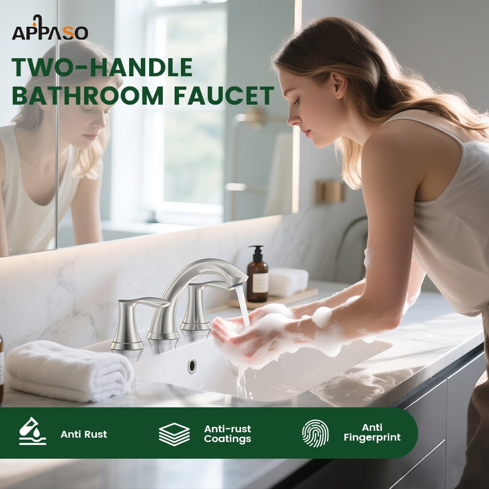 APPASO 2-Handle Widespread Bathroom Faucet, Brushed Nickel 304 Stainless Steel 3-Hole Vanity Sink Faucet with Pop-Up Drain and Water-Saving Aerator