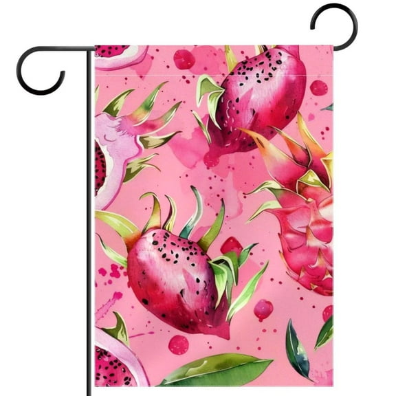Dragon Fruit Tropical Print Pink Color Background Garden Flag Double Sided House Flag for Outdoor Home, Personalized All Year Round Yard Decor 12 x 18 Inch