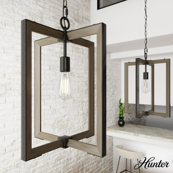 Hunter - Woodburn 1-light Noble Bronze, Medium Size Pendant Light, Dimmable, Modern Style, Rectangle Shaped, for Bedrooms, Dining, Living Rooms - 19814