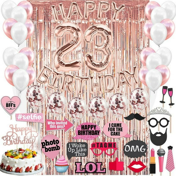 24th Birthday Decoration Rose Gold, 24 Party Supplies Decoration, 24th Sash, 24 Cake Topper, 24th Photo Props, confetti Balloons, Curtain