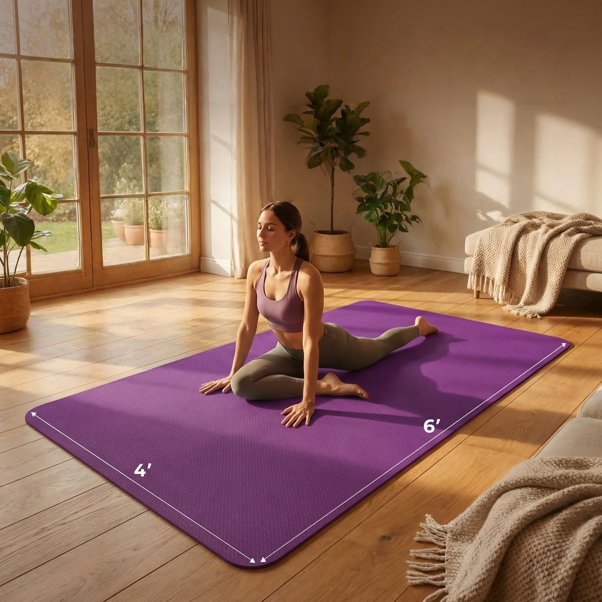 FrenzyBird Large Yoga Mat 6'x4' (72"x48") 183x122cm, 1/4" & 1/3" Thick TPE Non-Slip Extra Wide Exercise Mat, Big Home Workout Mat for Yoga, Pilates, Gym & Floor Workouts for Women & Men（6mm Purple）