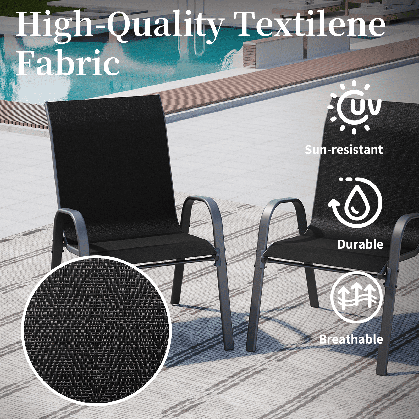 AMOPATIO Patio Chairs Set of 4, Outdoor Stackable Dining Chairs for All Weather, Breathable Garden Outdoor Furniture for Backyard Deck, Black