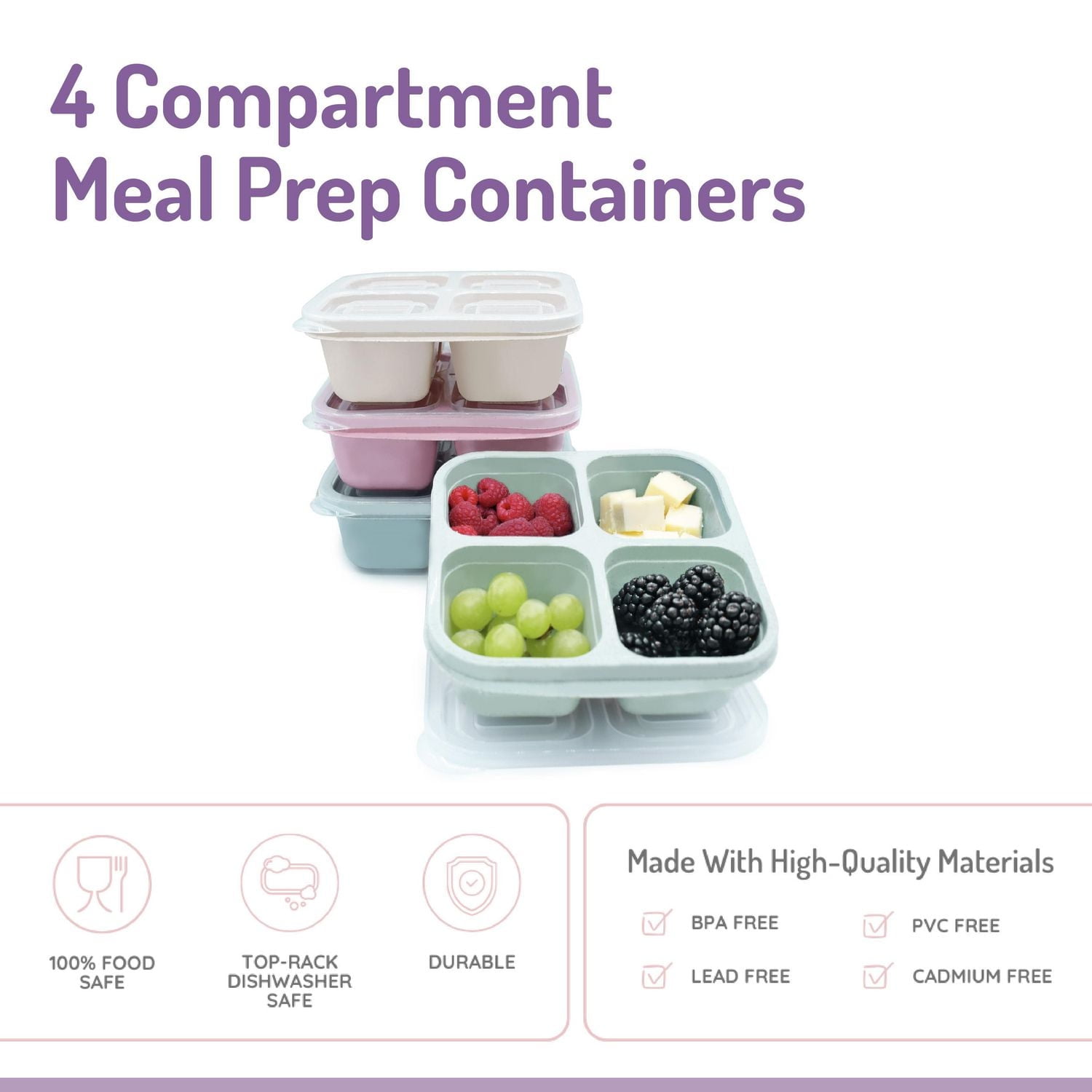 4-Compartment Meal Prep Containers - 4 Pack, Containers