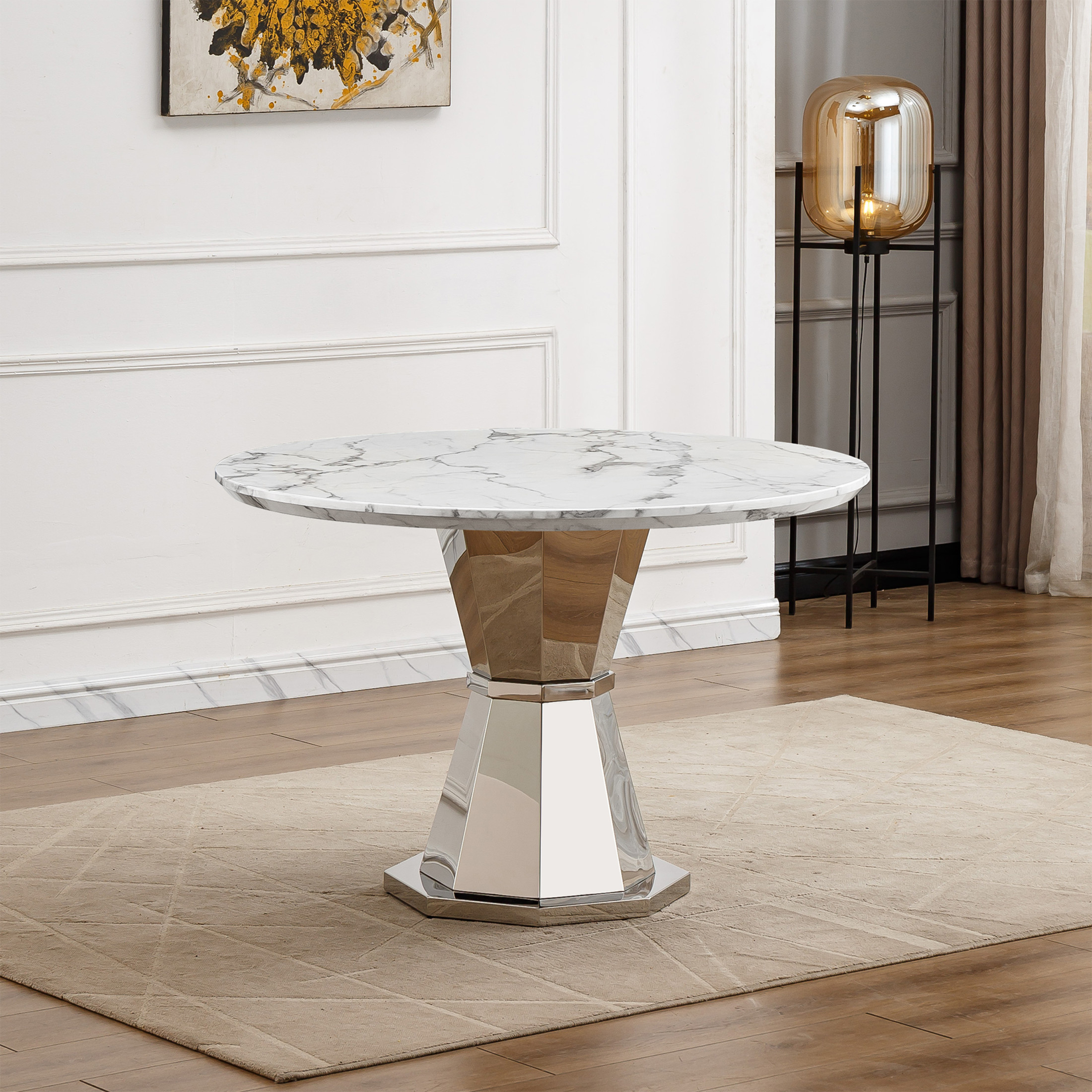 Noble House Modern 47" Round Faux Marble Dining Table with Stainless Steel Base, for Kitchen, Gloss White & Silver