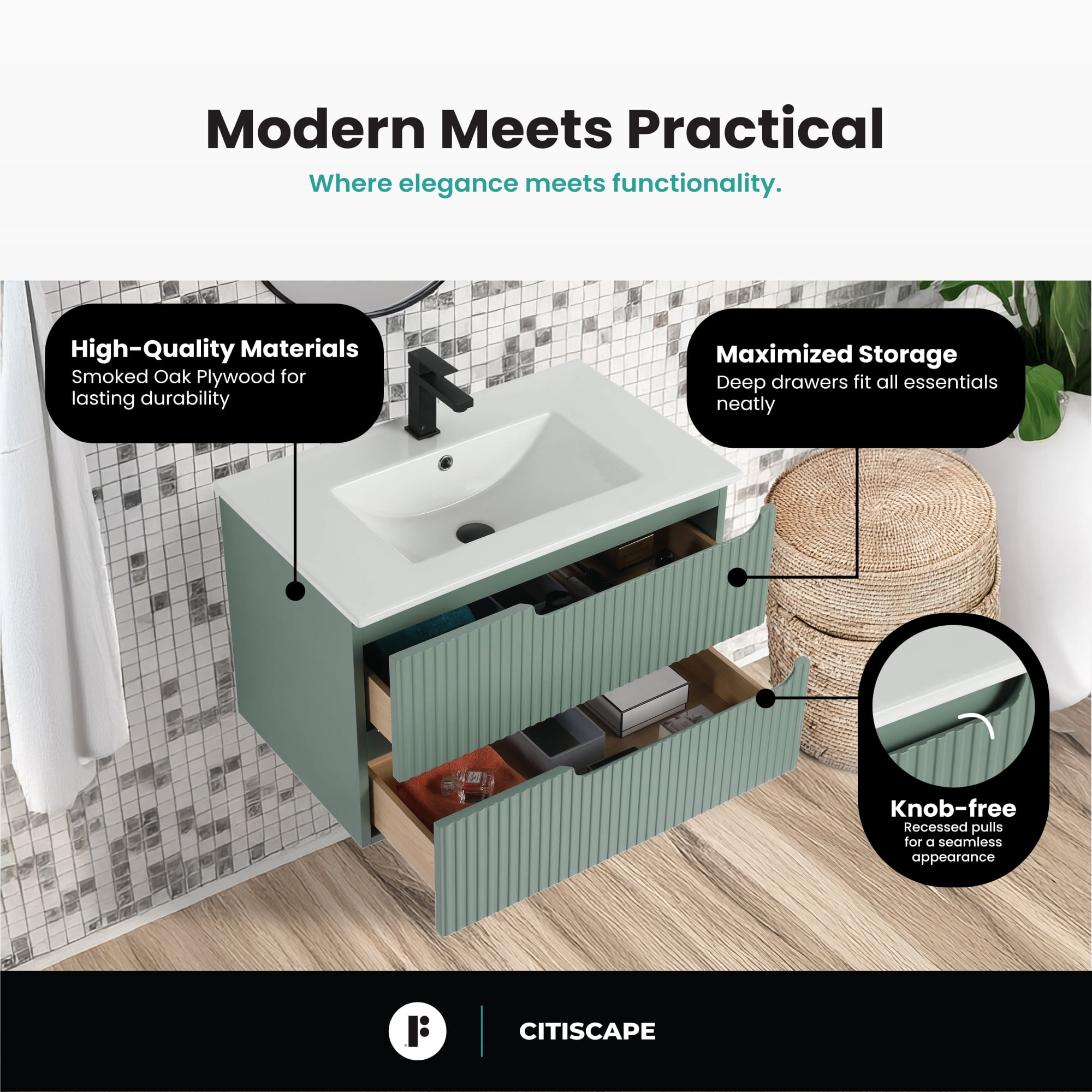 Citiscape Modern Bathroom Vanity with Textured Drawer Fronts 30" Wide - Mint Green - Sink Included