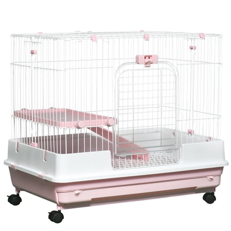Pink 2-Level Rabbit Hutch with Wheels, Removable Tray, Ramp & Platform Indoor Small Animal Cage for Bunny, Chinchilla & Ferret