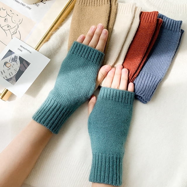 Guantes de punto de medio corte para mujer en invierno, bonitos guantes de medio dedo con dedos abiertos, cálidos guantes de lana para estudiantes