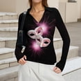 thumbnail image 6 of Womens Mardi Gras Shirts Sparkly Carnival Long Sleeve T Shirts Mask Print V Neck Gold Graphic Tee Black L, 6 of 7