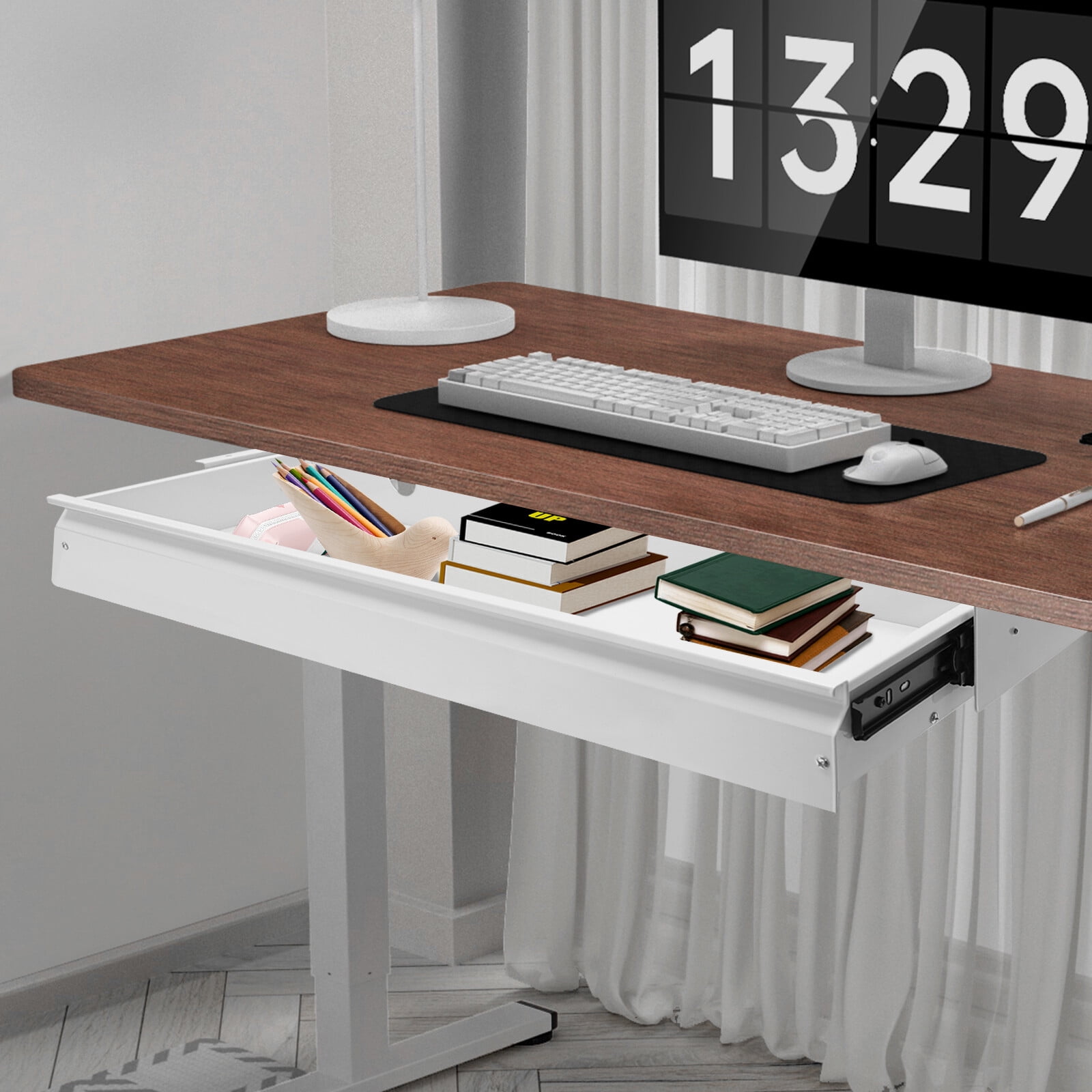 ToppiJoy 33” Under Desk Drawer, Mounted Sliding Pull-out Drawer, Large Storage Organizer for Sit Stand Workstation (White)