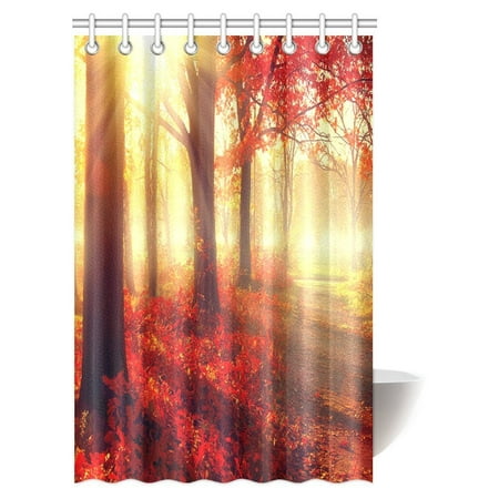 MYPOP Nature Scene Decor Shower Curtain, Autumn Foggy Forest Scenery with Rays of Warm Sun Lights on Shady Trees and Red Flowers Fabric Bathroom Set with Hooks, 48 X 72