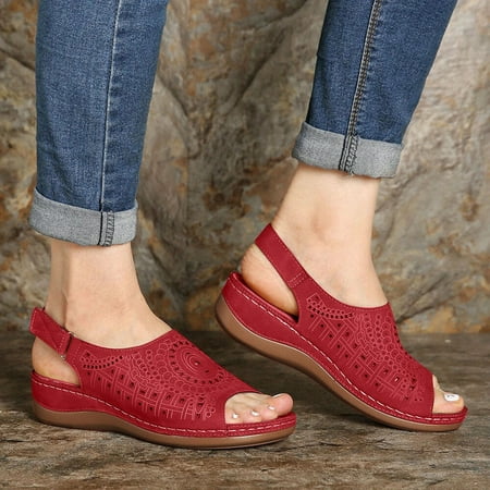 

uikmnh Women Shoes Fashion Women Summer Hollow Out Wedges Shoes Beach Peep Toe Breathable Sandals Red 8