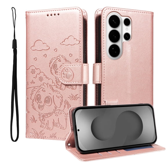 For Samsung Galaxy S23 Ultra Case, Cute Dogs Embossed Flip Cover Stand RFID Blocking Cards Slots Wallet Case with Lanyard, Rosegold