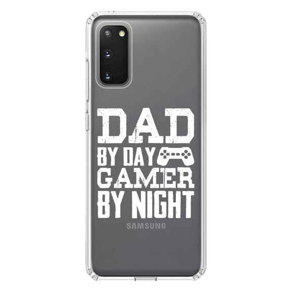 DistinctInk Clear Shockproof Hybrid Case for Galaxy S20 / S20 5G (6.2" Screen) - TPU Bumper Acrylic Back Tempered Glass Screen Protector - Dad By Day Gamer By Night