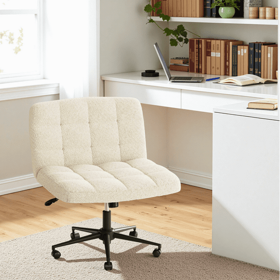 Pirecart Criss Cross Chair with Wheels, Armless Swivel Vanity Chair, Height Adjustable Cross Legged Office Chair with Comfy Wide Cushion for Desk, Vanity, Bedroom, Sherpa Fleece, Beige