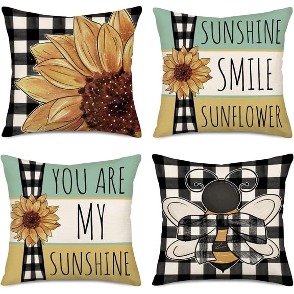Sunshine Smile Sunflower Bee Pillow Covers Spring Yellow Bumble Bee Honey Farmhouse Decorative Throw Pillow Cover 16x16 Inch Summer Black and White Buffalo Plaid Cushion Case Set of 4