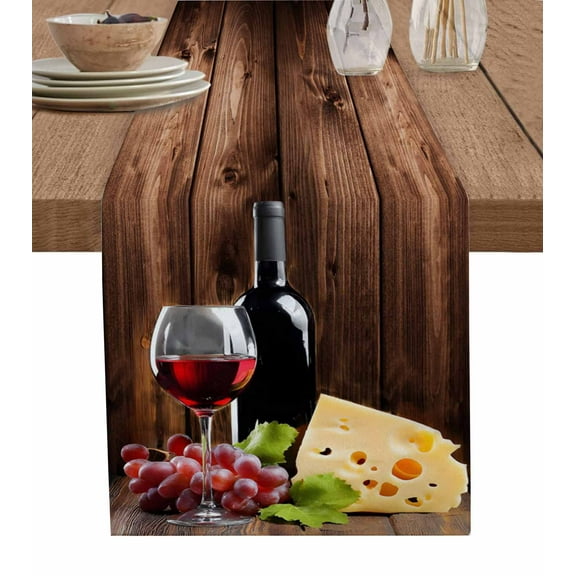Table Runner Wine Cheese Grapes Table Decoration for Kitchen Dinning Farmhouse Wood Grain Table Decoration for Indoor Outdoor Party Wedding Decor 13x72inch