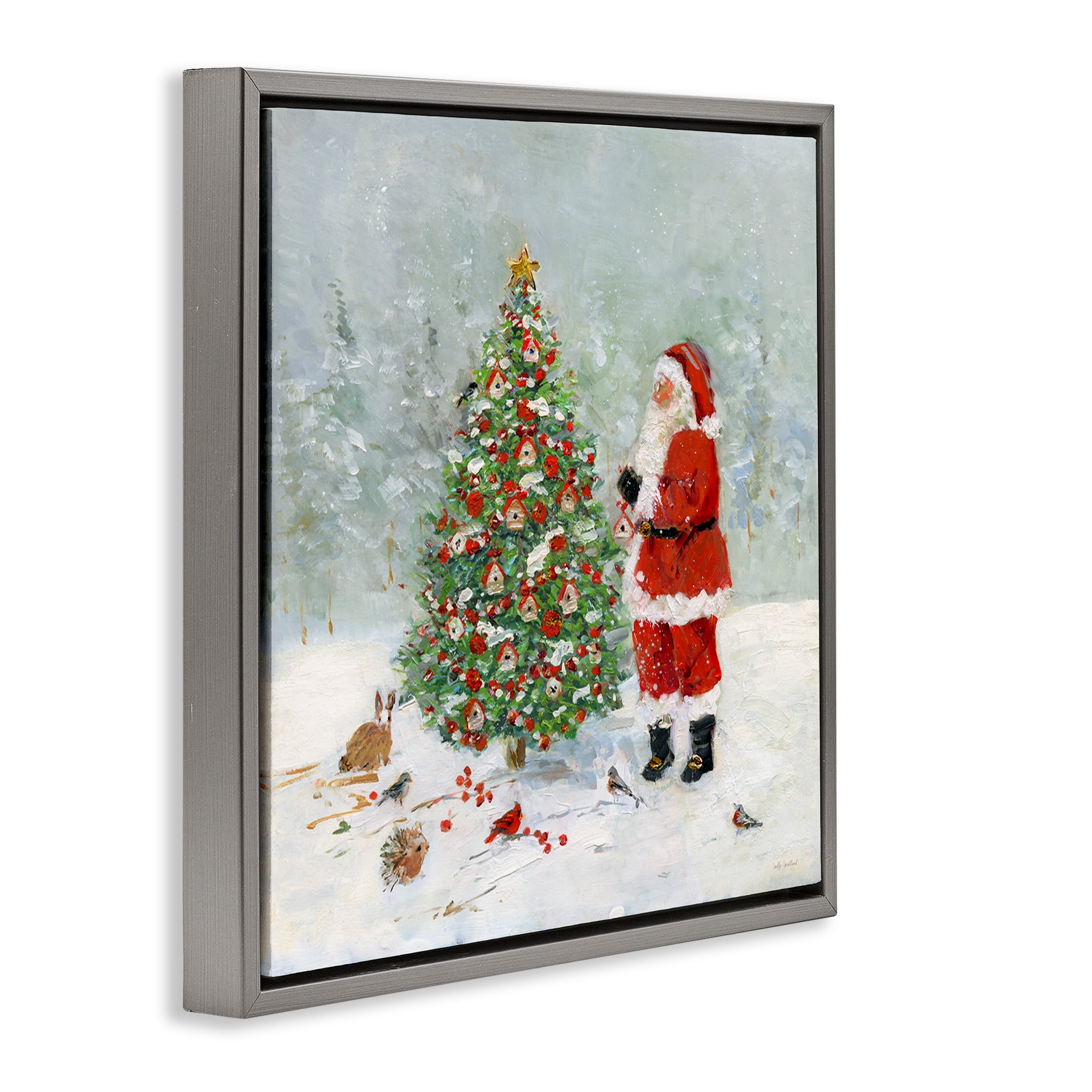 Stupell Industries Santa with Birdhouse Tree Holiday Painting Gray Floater Framed Canvas Art Prints Wall Art, 25 x 25
