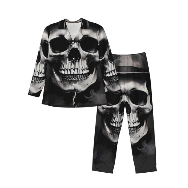 Fotbe Black White Hat Skull Pijama de Hombre con Estampado de Manga Larga, Conjunto de 2 Piezas, Ropa de Dormir Suave y Cómoda con Bolsillos-Large