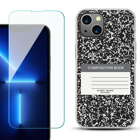 Slim-Fit Gel TPU Phone Case for iPhone 14, with Tempered Glass Screen Protector, by OneToughShield ® - Composition Book