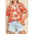 thumbnail image 2 of Women's Orange Floral Bubble Sleeve Frill Neck Loose Blouse, 2 of 8