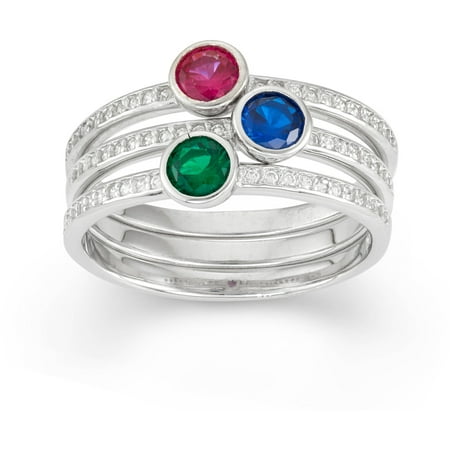 Simulated Emerald, Created Blue Sapphire and Created Ruby Round-Cut 3-Piece Sterling Silver Stackable Ring Set