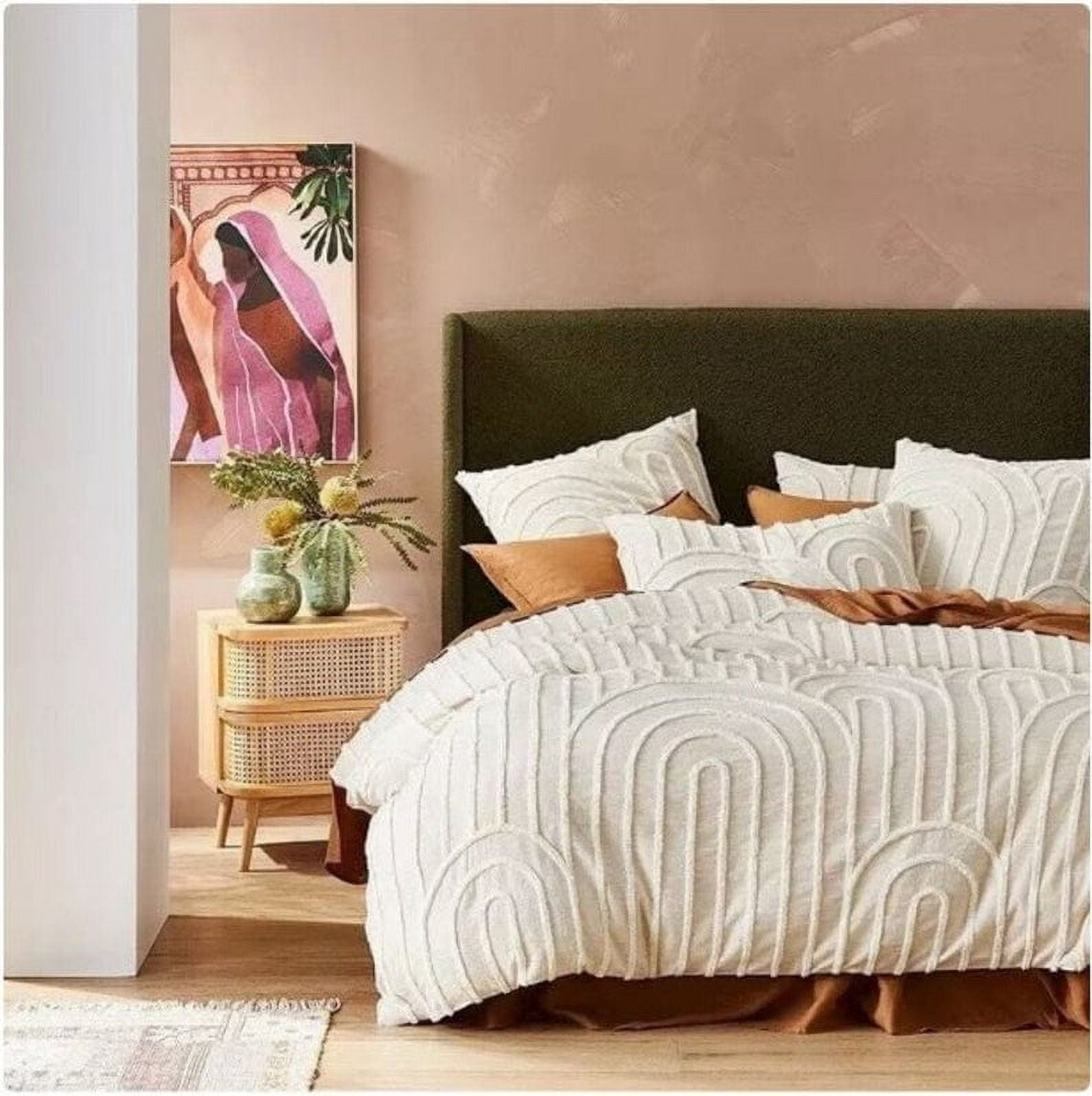 HandloomBazzar Boho Hand Tufted Duvet Cover 3 Pieces Bedding Set with Zip Closure, Corner Ties with 2 Pillow Shams Twin Size Off White Adults