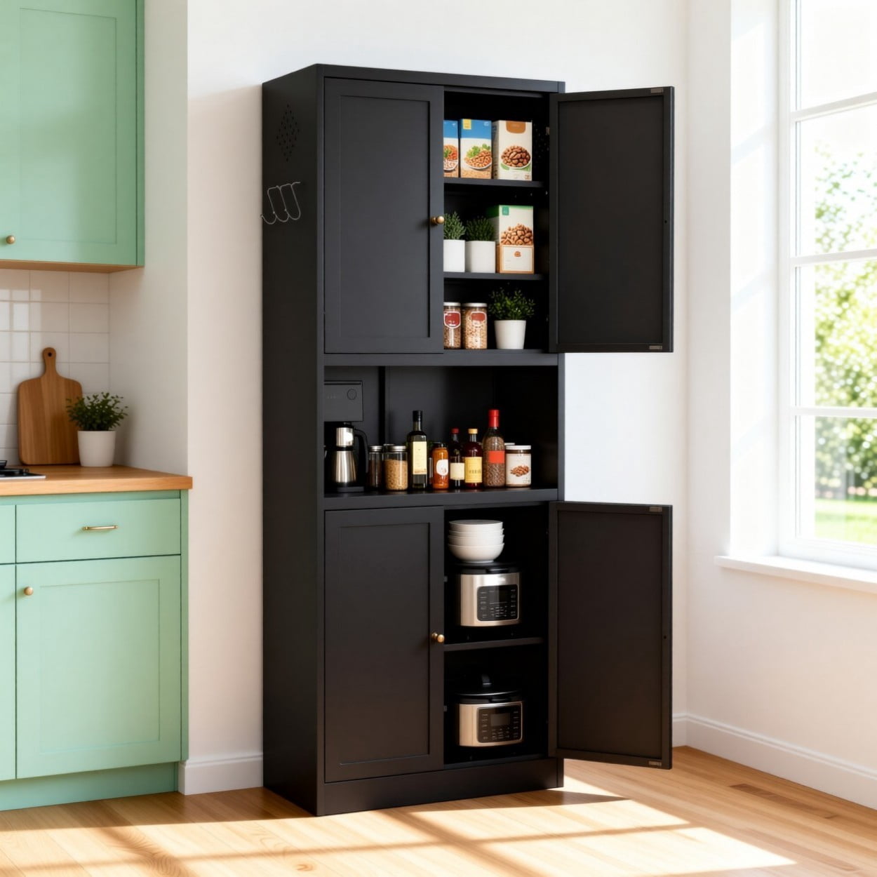 72" High Steel Kitchen Pantry Cabinet with Large Countertop, Heavy Duty Storage Organizer with Adjustable Shelves, Drawer & Hooks for Kitchen Bathroom Living Room, Black