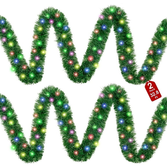 Scidweet Christmas Garlands Decorations, 2 Pcs 32.8 ft Pre Lit Xmas Garland with Lights for Indoor Outdoor Christmas Tree Party Holiday Xmas Decor, Green