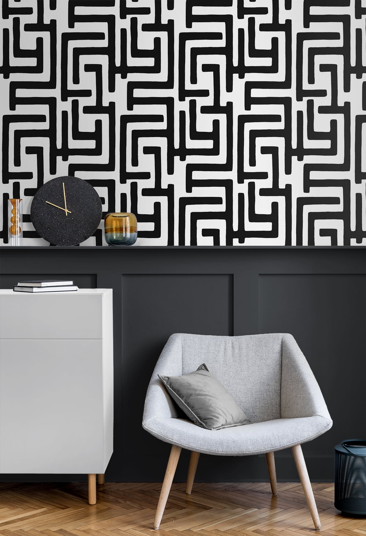 NextWall Black Graphic Maze Peel and Stick Wallpaper