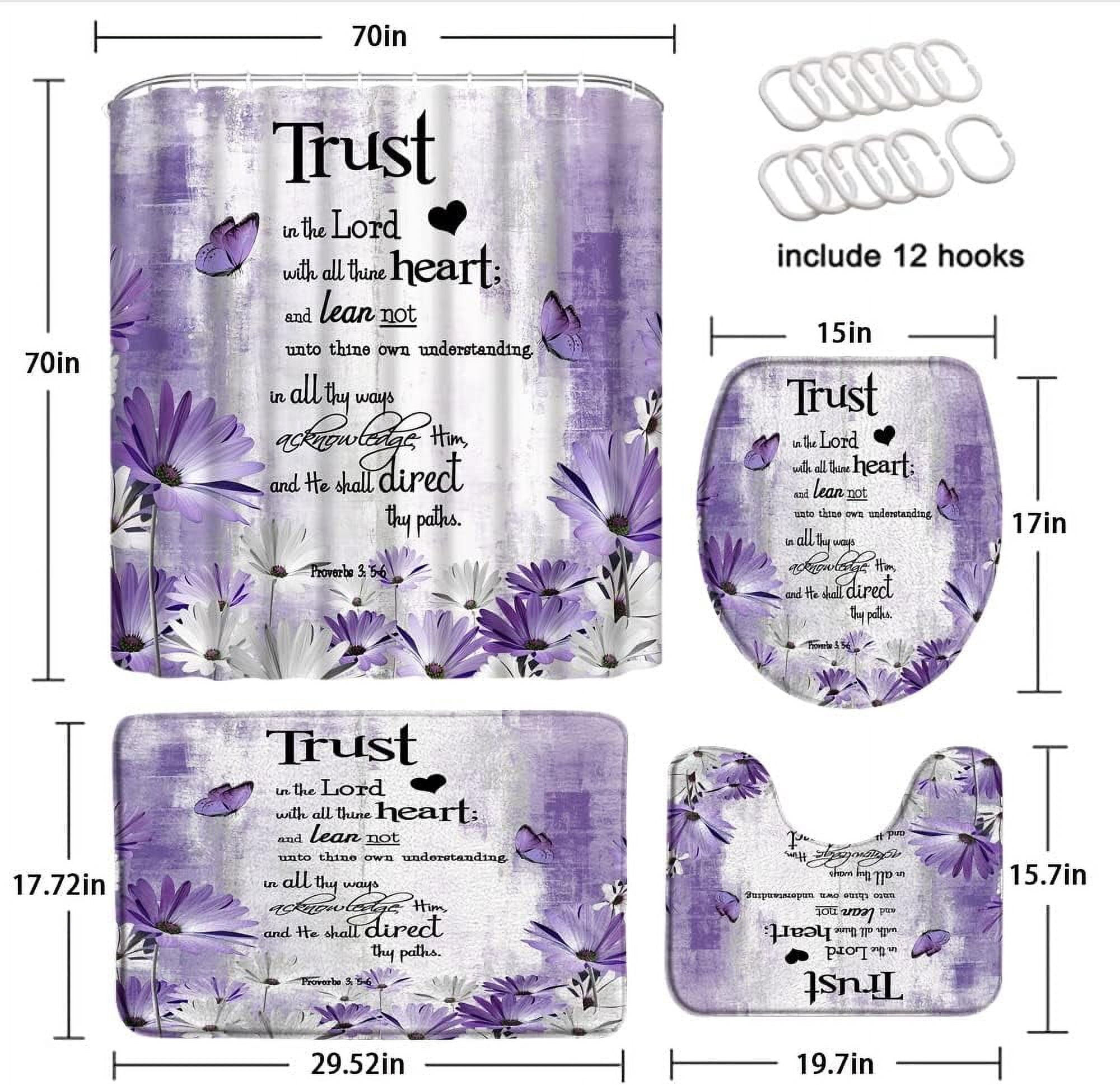 4 Piece Teal Grey Flower Shower Curtain Sets with Rugs, Toilet Lid Cover, Rustic Daisy Butterfly Inspirational Quotes Trust in The Lord Verse Farmhouse Art Bathroom Shower Curtain with 12 Hooks