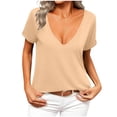 thumbnail image 3 of Women's Casual Fashion Solid Color V Neck Short Sleeve Blouse Shirt Top Lightweight Breathable Summer Vacation | CSEONE,Khaki L, 3 of 8