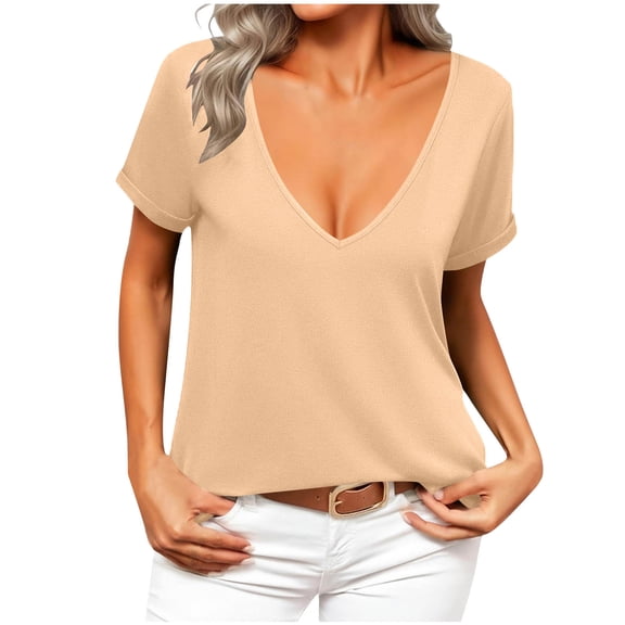 Generic Womens Sexy Deep V Neck Shirts Summer Low Cut Top Short Sleeve Tshirts Trendy Clothes Fashion Clothing