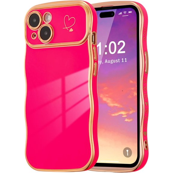 ZUKKASHAN Compatible with iPhone 13 Case for Girls Women, Cute Curly Wave Frame Shape Soft Silicone Case with Love Heart Pattern Camera Protection Golden Edging Shockproof Cover