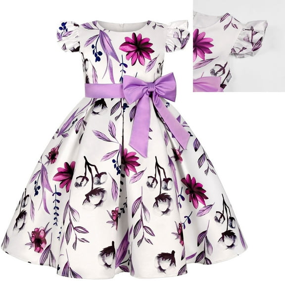 3-9Y Girls Dress Bow Bridesmaid Wedding Princess Dress Floral Short-Sleeve Dresses