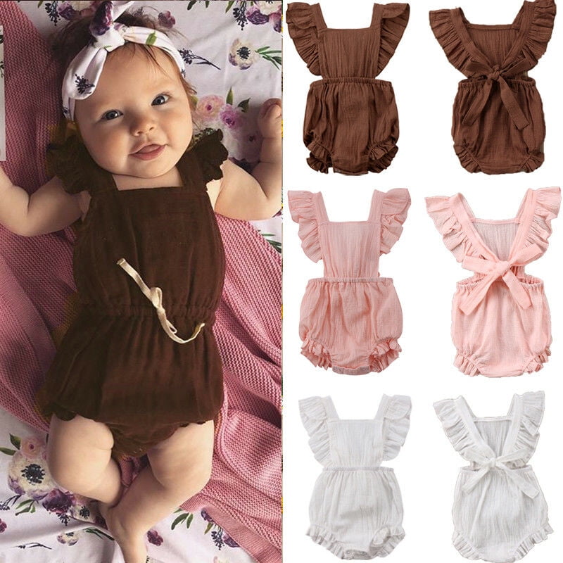 Suefunskry Infant Baby Girls Ruffle Sleeveless Backless Romper Bodysuit Bowknot Headband Outfits