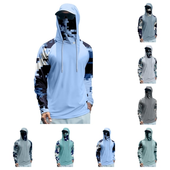 Men's Hooded Fishing Shirts with Face Mask Cooling UPF 50 Sun Protection Rash Guard Moisture Wicking Outdoor Boat Sun Shirt Royal Blue S