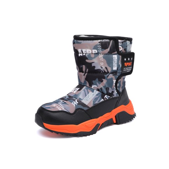 Woobling Boys Winter Boot Plush Lined Warm Shoes Mid Calf Snow Boots Non-Slip Outdoor Black Orange 6.5Y