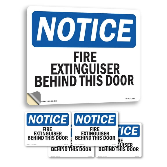 Fire Extinguisher Behind This Door OSHA Notice Vinyl Decal Label 5 Inch x 3.5 Inch - 5 Pack
