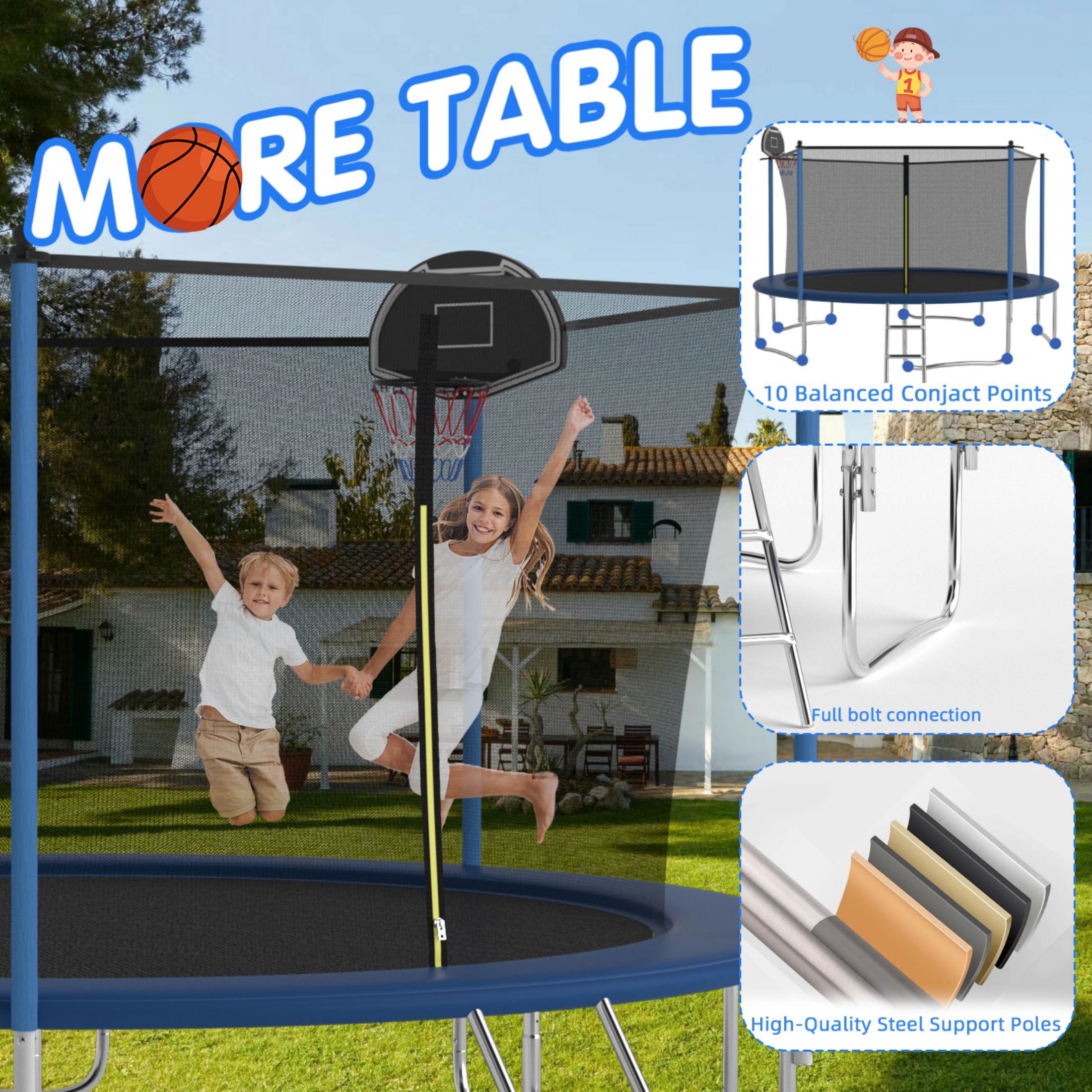 SENCHO GINSYTALIOR Trampoline 12ft Round Outdoor Trampoline for Kids with Enclosure Net, Basketball Hoop, 300-1000LBS Weight Capacity