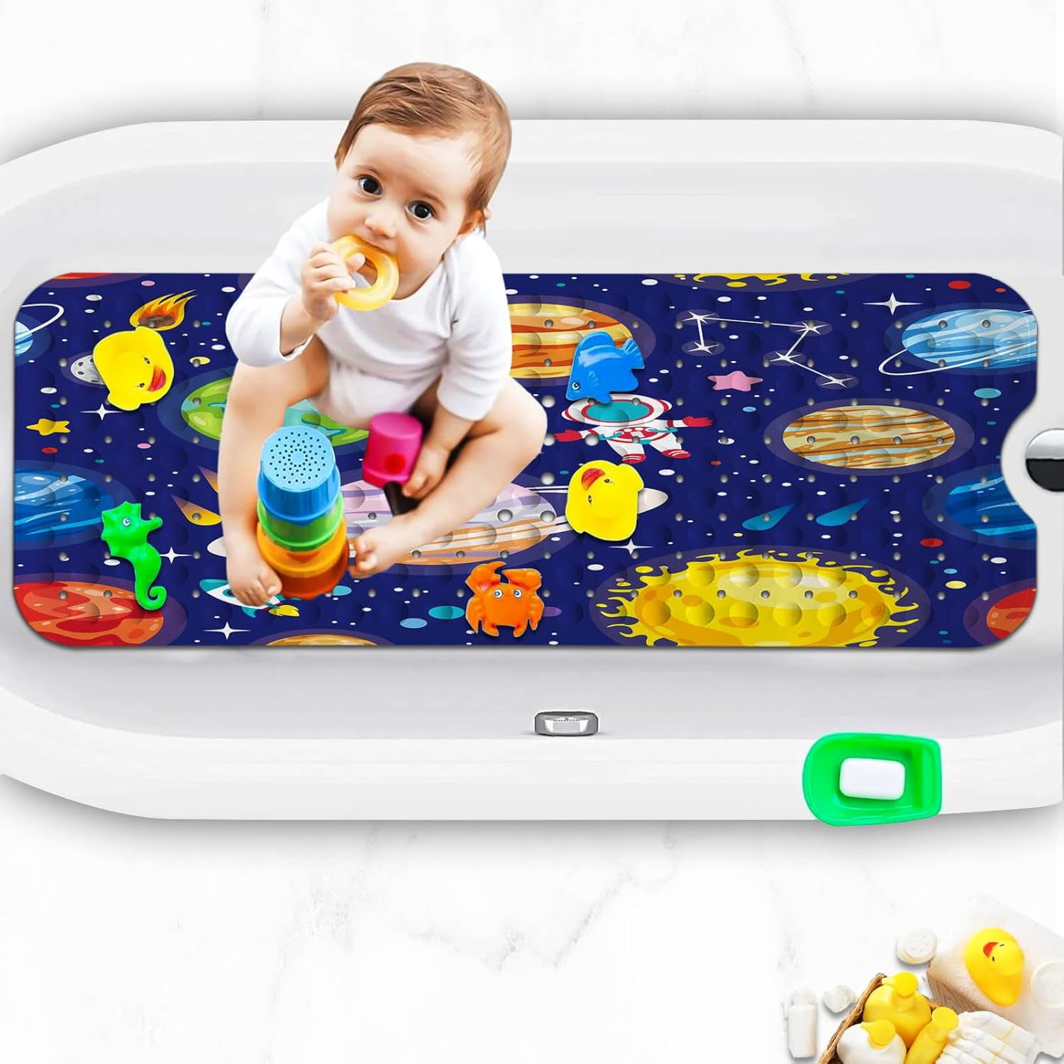Bathtub Mats for Kids, Blue Outer Space Bath Mat for Tub Non Slip, 40 X 16 Inch Large Washable Bathtub Mat Non Slip for Showers with Drain Holes and Suction Cups